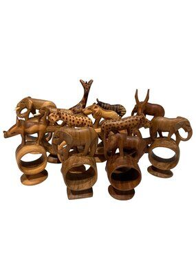 Hand-Carved Wooden Animal Napkin Rings Set Of 12 Unique Table Decor Rustic Desig